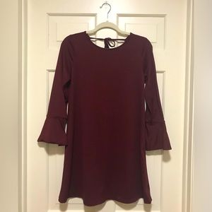 Coverstitched—S, Burgundy Tunic w/ Bell Sleeves, Partial Cut-Out Back w/ Ties